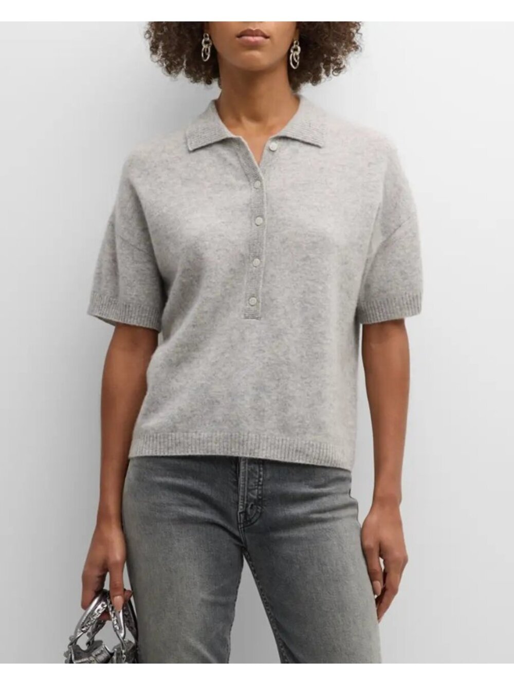 Naadam Cashmere Short-Sleeve Polo Sweater Dark Heather Gray